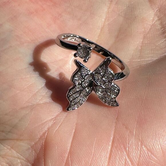 NEW White Gold Plated Pave Butterfly & Round Crystal CZ Adjustable Ring - Picture 4 of 11